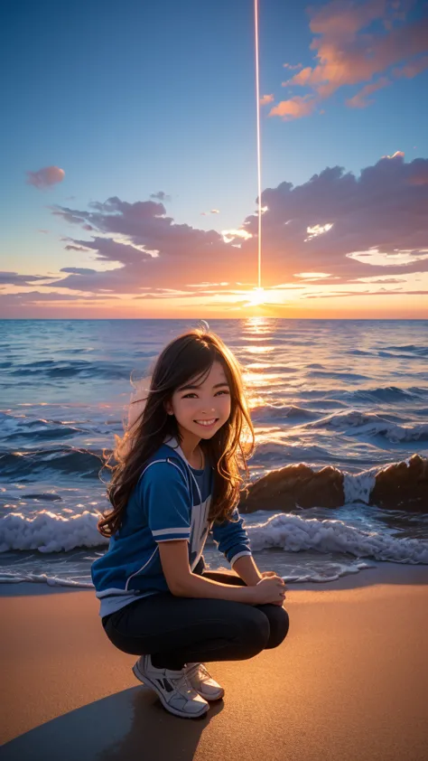 the sea, the huge steel suspension bridge in the background, the gate bridge,
girl, smile, angle, pose, casual, 
squat, 
lens fl...