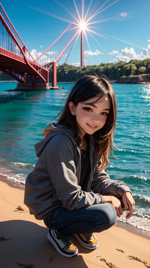 The sea, the huge steel suspension bridge in the background, the Gate Bridge,
girl, smile, angle, pose, casual, 
squat, 
lens flare, light particles, flat illustration, ai-generated,