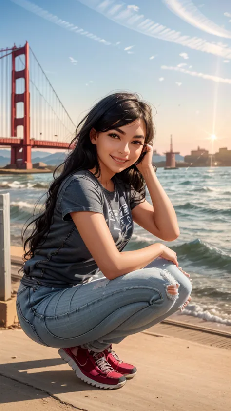 the sea, the huge steel suspension bridge in the background, the gate bridge,
girl, smile, angle, pose, casual, 
squat, 
lens fl...