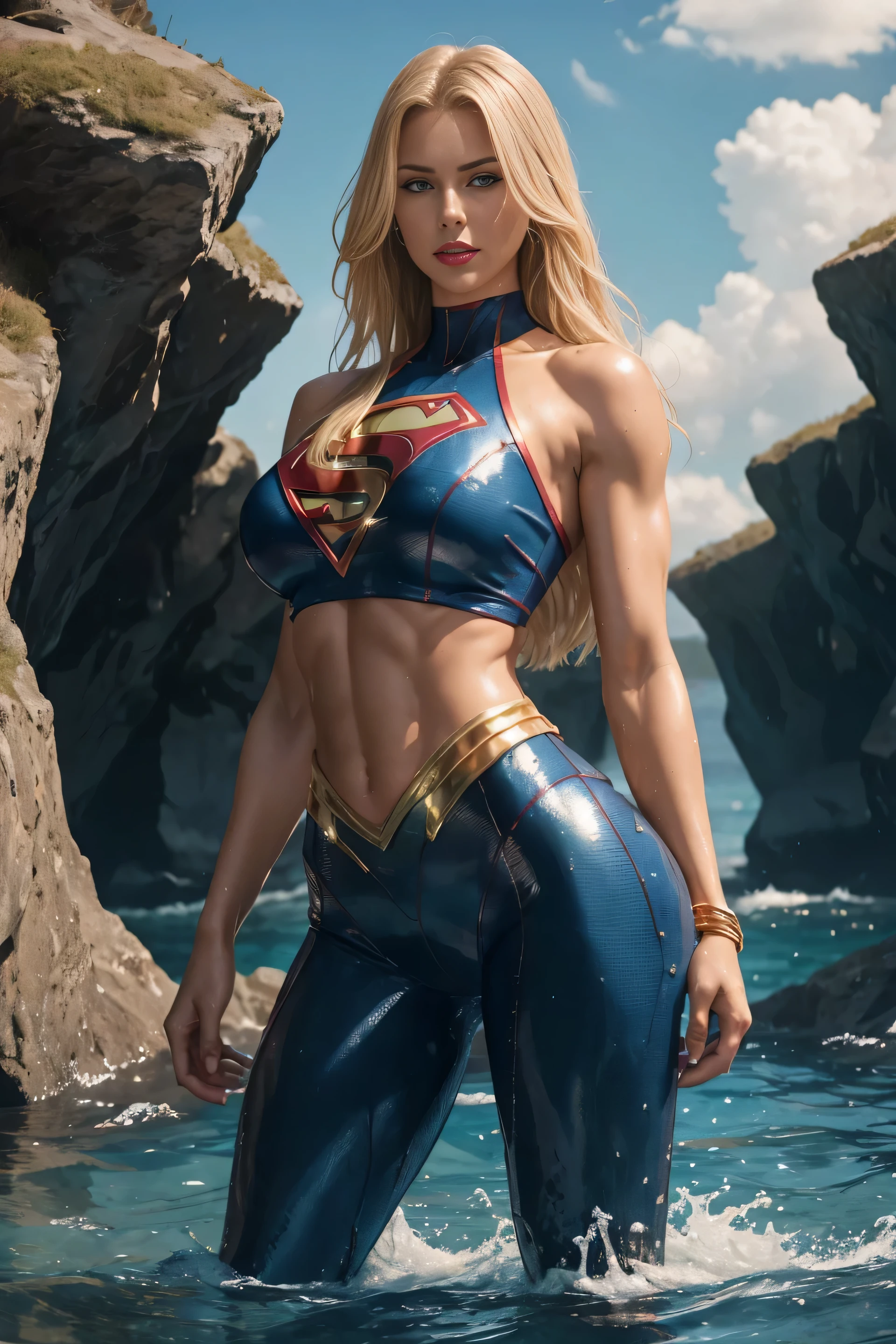 Full body shot seen from behind Sexy 45 years old mature, superheroine Supergirl long shaggy wet blonde hair falling on her long blonde shoulders, glowing black, eyes red lips muscular body large breast wears a transparent blue shiny elastic body-fitting wetsuit, plunging sleeveless top gold shoulder pads gold bracelets revealing abs midriff a Z symbol on her chest portrait photography by artgerm, in the style of realism, glistening skin, cartooncore, mangacore, natural lighting, Defined full lips. Muscular fitness feminine body standing in the water in the background is a huge terrifying water monster