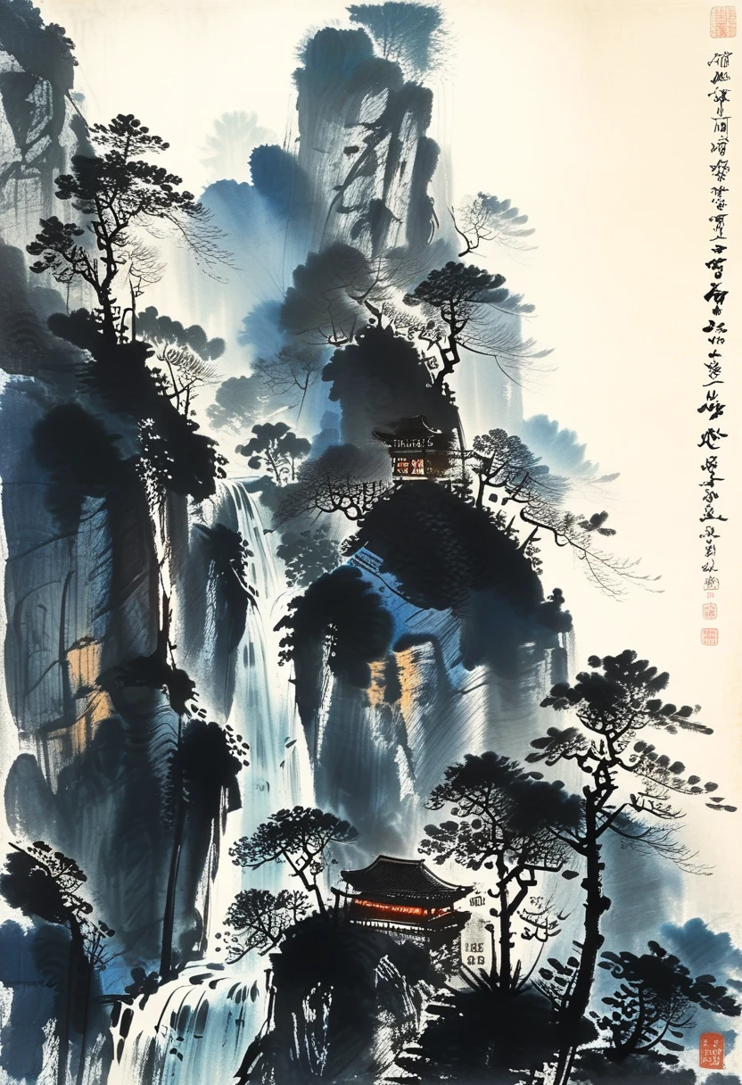 A powerful waterfall cascading down a steep cliff, mist rising from the water, painted in the style of Fu Baoshi.