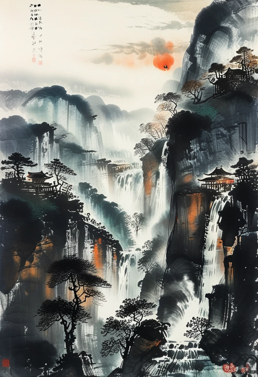 A powerful waterfall cascading down a steep cliff, mist rising from the water, painted in the style of Fu Baoshi.