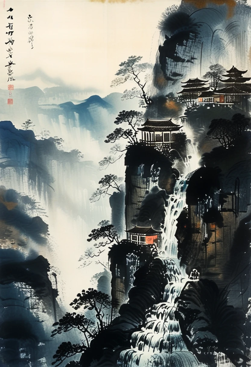 A powerful waterfall cascading down a steep cliff, mist rising from the water, painted in the style of Fu Baoshi.