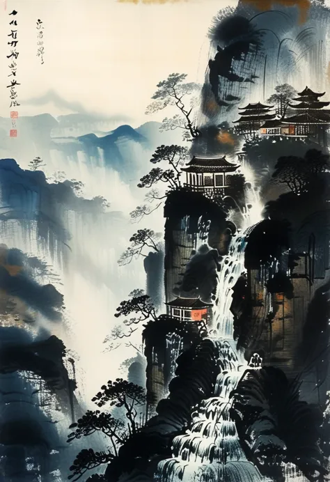 a powerful waterfall cascading down a steep cliff, mist rising from the water, painted in the style of fu baoshi.