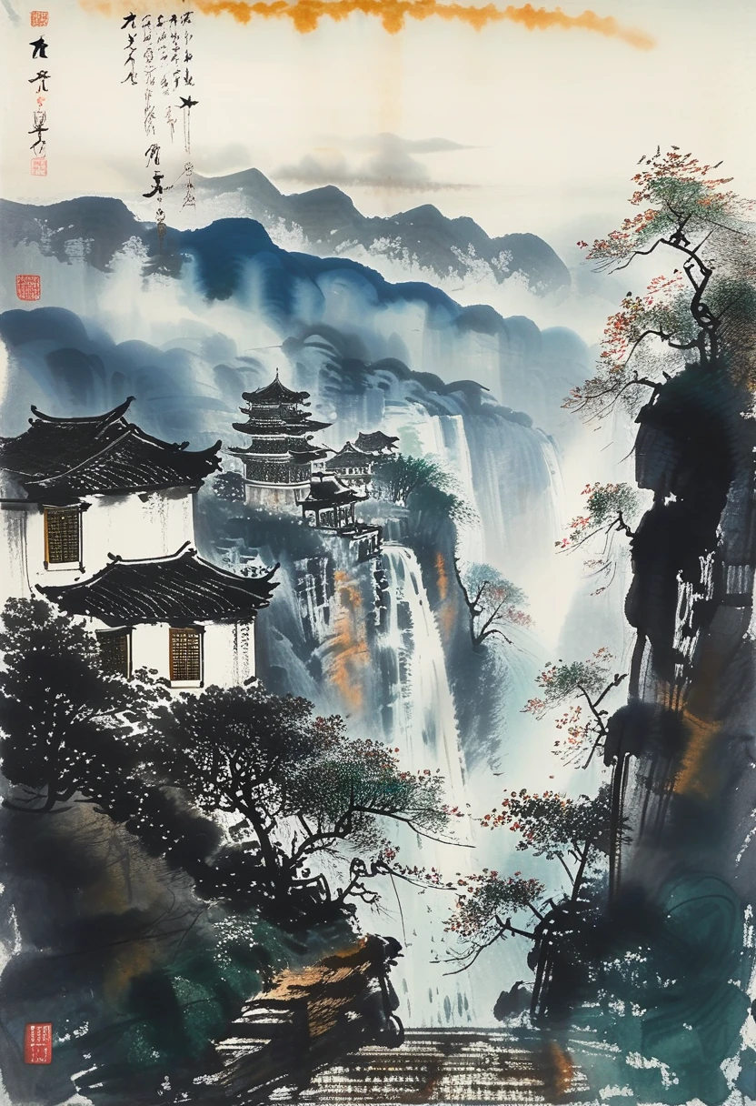 A powerful waterfall cascading down a steep cliff, mist rising from the water, painted in the style of Fu Baoshi.