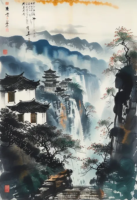 a powerful waterfall cascading down a steep cliff, mist rising from the water, painted in the style of fu baoshi.