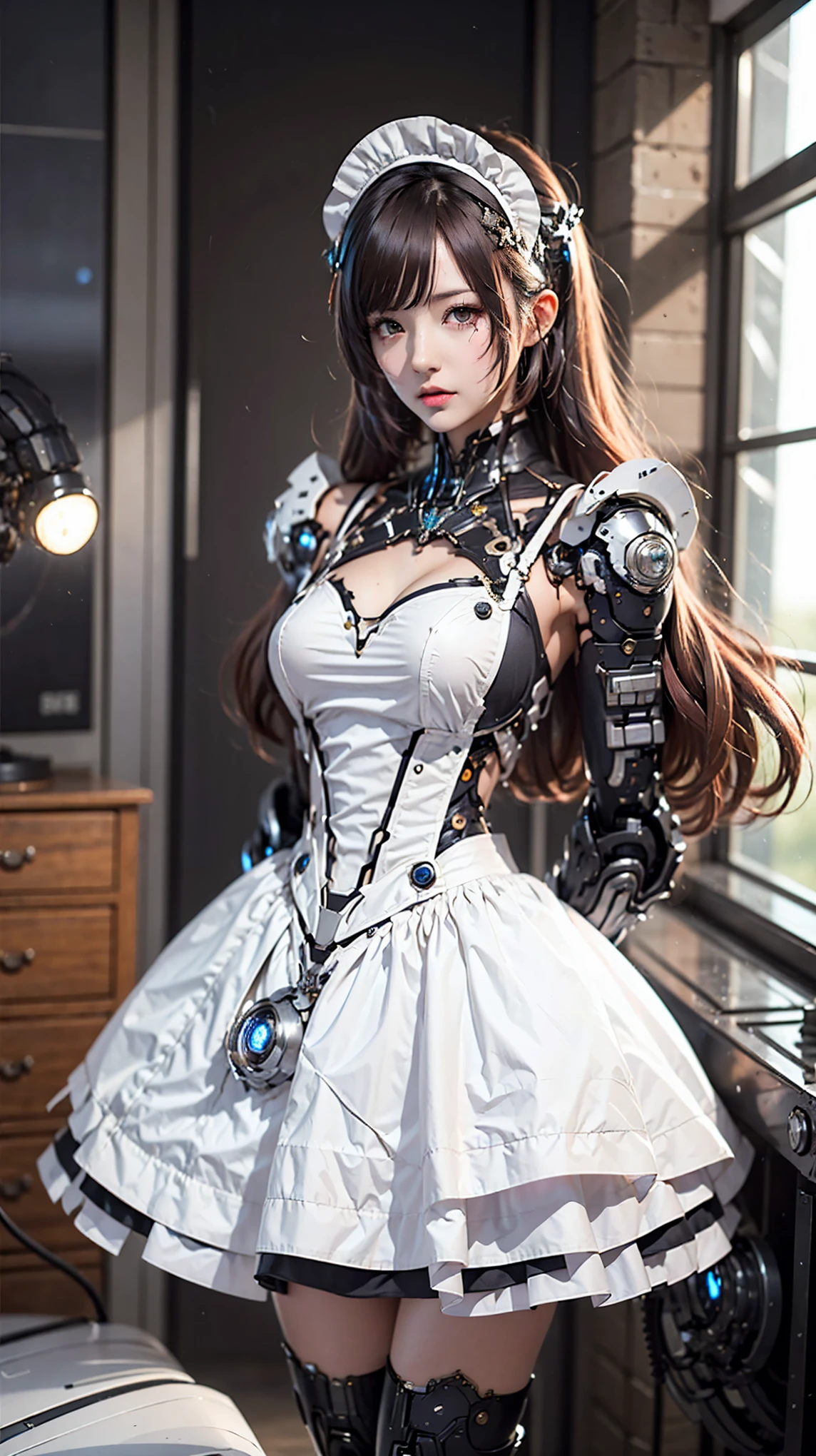 Very detailed, Advanced Details, high quality, 最high quality, High resolution, 1080P, HD, 4K,  beautiful,(Machine),beautiful cyborg mixed maid female, Mecha Cyborg Girl,Mecha Body Girl,She is wearing a futuristic mech, victorian maid dress, from the front, From the skirt up,A cute room for children, bed room, bed,