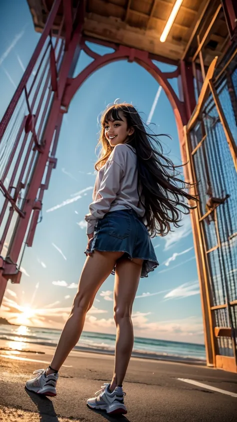 the sea, the huge steel suspension bridge in the background, the gate bridge,
girl, smile, angle, pose, casual, 
squat, 
lens fl...