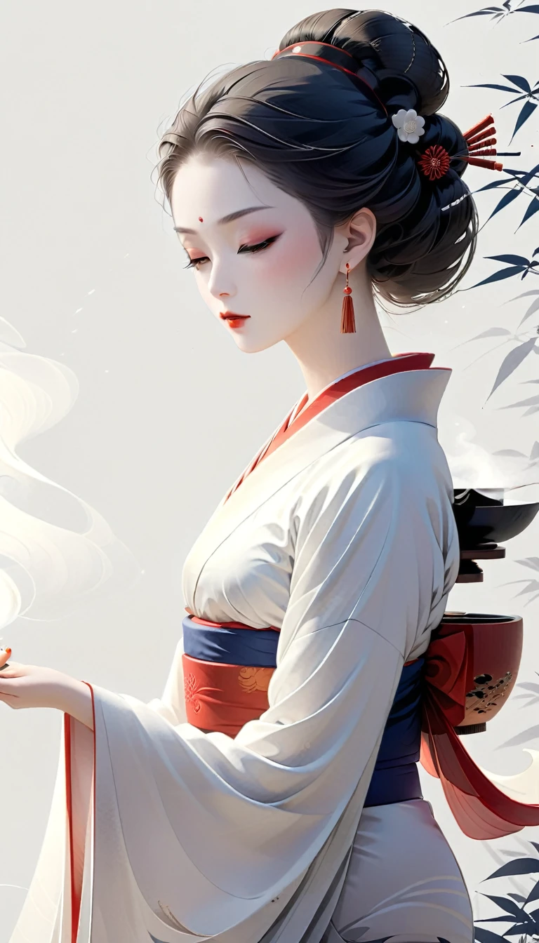 an image titled "Geishas Echoes" featuring a graceful Geisha in traditional Japanese attire. Use authentic Japanese elements, blending minimalist ink brush strokes and intricate details. Combine styles like ukiyo-e, sumi-e, and modern interpretations to depict elegance and pride. Highlight her serene presence and cultural richness, evoking a timeless beauty with a tempting, contemporary twist.