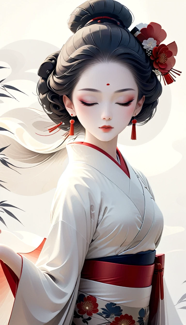 an image titled "Geishas Echoes" featuring a graceful Geisha in traditional Japanese attire. Use authentic Japanese elements, blending minimalist ink brush strokes and intricate details. Combine styles like ukiyo-e, sumi-e, and modern interpretations to depict elegance and pride. Highlight her serene presence and cultural richness, evoking a timeless beauty with a tempting, contemporary twist.