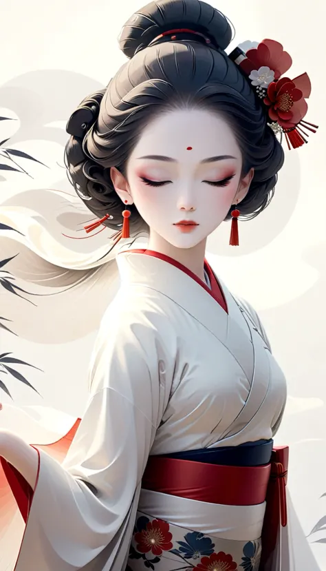 an image titled "Geishas Echoes" featuring a graceful Geisha in traditional Japanese attire. Use authentic Japanese elements, bl...