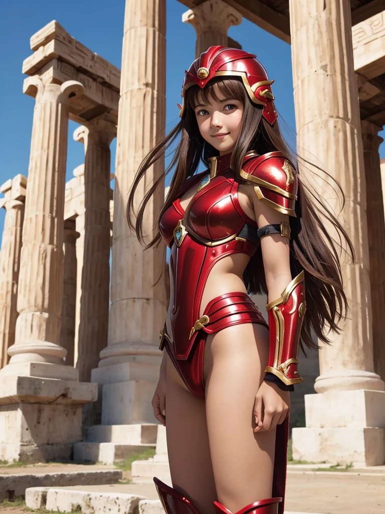 Sexy teenage girl. 15 years old girl. Wearing sexy red saint seiya armor no pants. No bra. No underwear. Helmet. Brown hair. Smile. Beautiful innocent teenage face. Standing pose. In front of greek temple. 