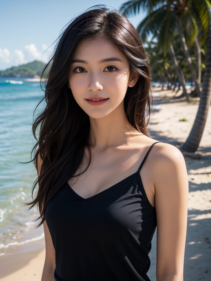 (RAW Photos, Highest quality), (photo realistic:1.4), (Hyper realistic:1.4),（Smooth lighting:1.05）Cool and intelligent Japanese beauty, Fine, white skin reminiscent of porcelain, Dark chestnut brown, long, gently wavy hair, Large almond-shaped eyes, Thin eyebrows, Perfect Anatomy, Slender body, （A gorgeous smile）, （Dark blue camisole）, Private beach, Palm trees and coast in the background, Depth of written boundary, （Spread your arms wide towards me）