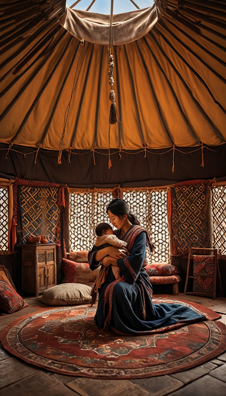 A humble yurt in the Asian steppes, with a newborn Temüjin in his mother's arms, background cinematic, hyper realistic, ultra detailed hyper realistic, photorealistic, Studio Lighting, reflections, dynamic pose, Cinematic, Color Grading, Photography, Shot on 50mm lens, Ultra-Wide Angle, Depth of Field, hyper-detailed, beautifully color, 8k, golden light from the front,