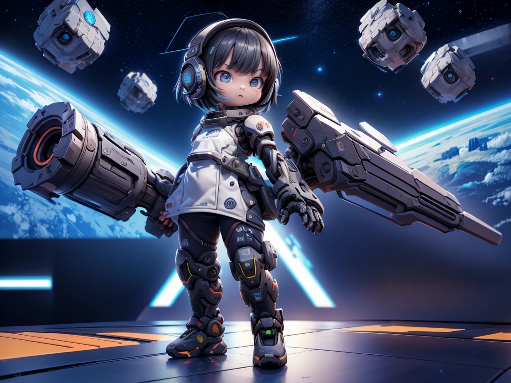 (Top Qualität, Ultra-hohe Qualität, Ultra-High-Definition, realistisches Meisterwerk,) (Sorgfältig erstellte CG-Illustration: 1.2) Ein Mädchen, Weltraumkrieg, cyborg girl (((süßes kurzes Mädchen))) (Petite, Mini, : 1.5) realistisches Anime-Gesicht (große Augen, großes Gesicht, schönes Gesicht) Militärisches Science-Fiction-Exoskelett (Kopfbedeckung, Kopfhörer, Schutzbrille auf der Stirn, Roboterflügel auf dem Rücken, cyberpunk limbs) (Eine riesige Waffe halten) Weltraum, viele Weltraumschlachtschiffe ((Viele Explosionen im Hintergrund)) Effektiver Einsatz von LoRA,
