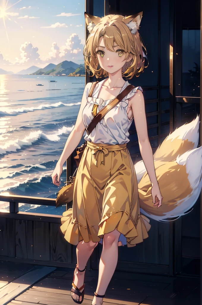 Irohaisshiki, isshiki iroha,Short Hair, Brown Hair, (Brown eyes:1.5), happy smile, smile, Open your mouth,animal(Fox Ears,Fox tail),Yellow sleeveless dress,Yellow long skirt,Cute Sandals,Carrier,background（Ships at anchor）,port,My hair is blowing in the wind,Holding her hair with her right hand,whole bodyがイラストに入るように,Are standing,morning,morning陽,The sun is rising,Cruise,
break outdoors, port,Ocean,
break looking at viewer,whole body,
break (masterpiece:1.2), Highest quality, High resolution, unity 8k wallpaper, (shape:0.8), (Beautiful and beautiful eyes:1.6), Highly detailed face, Perfect lighting, Highly detailed CG, (Perfect hands, Perfect Anatomy),