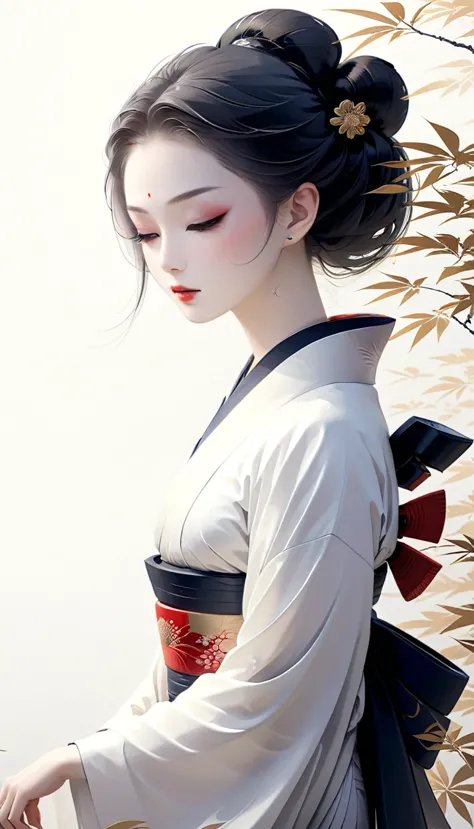 Create an image titled "Geishas Echoes" in a traditional Japanese art style, using only black ink on a white background. Capture...