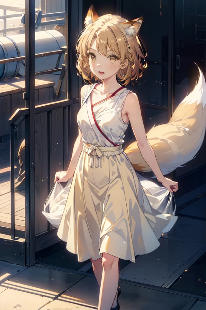 Irohaisshiki, isshiki iroha,Short Hair, Brown Hair, (Brown eyes:1.5), happy smile, smile, Open your mouth,animal(Fox Ears,Fox tail),Yellow sleeveless dress,Yellow long skirt,Cute Sandals,Carrier,background（Ships at anchor）,port,My hair is blowing in the wind,Holding her hair with her right hand,whole bodyがイラストに入るように,Are standing,morning,morning陽,The sun is rising,Cruise,
break outdoors, port,Ocean,
break looking at viewer,whole body,
break (masterpiece:1.2), Highest quality, High resolution, unity 8k wallpaper, (shape:0.8), (Beautiful and beautiful eyes:1.6), Highly detailed face, Perfect lighting, Highly detailed CG, (Perfect hands, Perfect Anatomy),