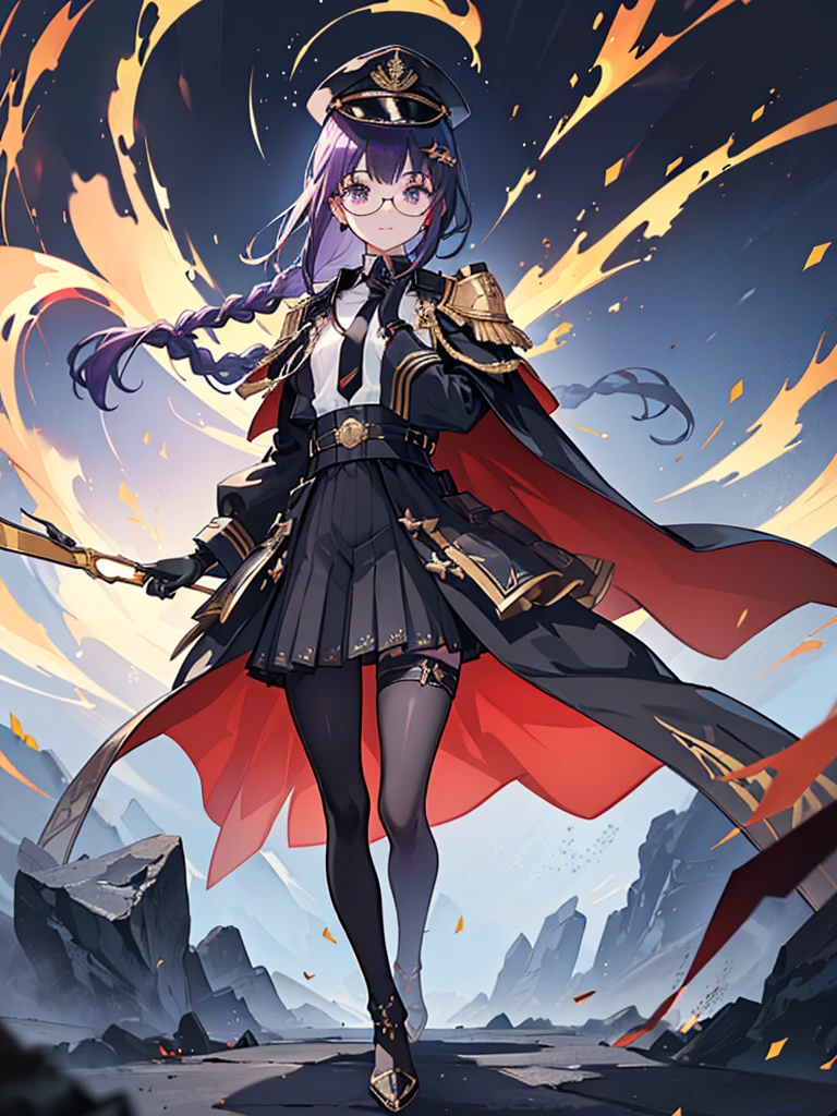 realisitic, City Deserted, Pile of rubble, Brick building, a one woman (1, far away blackw hair, far away slits, Eyes red, glare eyes, Exquisite face, standing (In floor, feet shoulder-width apart), Lolita style military uniform (blackw base, Red Insert, golden decoration, ruffles, wide sleeves, dainty and delicate detailing armors), blackw far away gloves (blackw, Red Insert, golden decoration, small hands, armors), blackw far away gloves, knee high boots (blackw, high-heels, red soles), ha (blackw, aba dourada, shield emblem, delicate details), arms in front, Front of belly, Holding military swords with both hands (blackw, golden decoration, delicate detail, Handle at the top, Ground-facing blade, in front of the body, far away), night sky (blackw, stars, Increased flames and smoke), Pale painting style, One Girl, super high quality, Super Detail, Super Detailed image, long hair, looking at viewer, skirt, shirt, hair ornament, violet eyes, gloves, round glasses, long sleeves, hat, closed mouth, jacket, violet hair, braid, open clothes, necktie, black gloves, black skirt, uniform, single braid, open jacket, black jacket, black headwear, Bracelet, Peaked cap, black necktie, cropped jacket, military hat, pantyhose, Flat Chest, smile, Black Cape