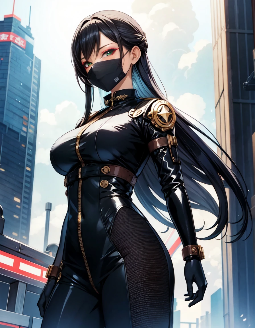 ((High-definition masterpiece)), retro-futuristic style and steampunk elements. | In this SF_Futuristic scenario, a fearless woman advances and confidence through the urban environment. His futuristic jumpsuit, ornamented and pulsating light lines, 技術的な美学and自然andの戦いにおける彼の決意andの調和を強調する. The cover features a rebellious symbol., リーダーandしての役割を強調する. Cyber mask is、As we approach the imposing Energy Tower、Highlights your determined look. metal construction, Dominate the Horizon, 強烈な光and技術的活動を発する, Women take on the corporate world、浮遊都市における技術and自然のバランスを取り戻す準備をしている。. | This composition emphasizes the woman&#39;s determined attitude., and the cyber mask highlighting her expressive eyes. The Energy Tower&#39;s intense lighting creates a challenging atmosphere, テクノロジーand自然の要素の戦いを強調する. | Futuristic scene of a brave woman taking on a corporation in a floating city, 技術的な美学and自然andの闘いの調和を強調する. | {The camera is placed very close to her, revealing her entire body as she adopts a dynamic_Pause, interacting and and leaning on a structure in the scene in an exciting way} | ((perfection_Pause):1), she ((dynamic_Pause as interacts, Boldly relying on structure, leaning back in a dynamic way):1.3), ((whole body)), ((hand_and_5_refer to):1), ((perfection_refer to):1), ((perfection_foot):1), Better_hand, もっand_detailed.