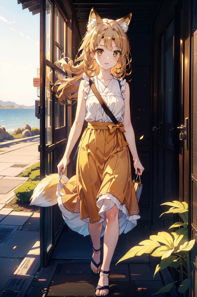 Irohaisshiki, isshiki iroha,Long Hair, Brown Hair, (Brown eyes:1.5), happy smile, smile, Open your mouth,animal(Fox Ears,Fox tail),Yellow sleeveless dress,Yellow long skirt,Cute Sandals,Carrier,background（Ships at anchor）,port,My hair is blowing in the wind,Holding her hair with her right hand,whole bodyがイラストに入るように,Are standing,morning,morning陽,The sun is rising,
break outdoors, port,Ocean,
break looking at viewer,whole body,
break (masterpiece:1.2), Highest quality, High resolution, unity 8k wallpaper, (shape:0.8), (Beautiful and beautiful eyes:1.6), Highly detailed face, Perfect lighting, Highly detailed CG, (Perfect hands, Perfect Anatomy),