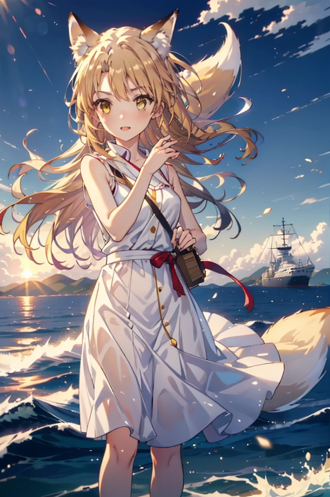 Irohaisshiki, isshiki iroha,Long Hair, Brown Hair, (Brown eyes:1.5), happy smile, smile, Open your mouth,animal(Fox Ears,Fox tail),Yellow sleeveless dress,Yellow long skirt,Cute Sandals,Carrier,background（Ships at anchor）,port,My hair is blowing in the wind,Holding her hair with her right hand,whole bodyがイラストに入るように,Are standing,morning,morning陽,The sun is rising,
break outdoors, port,Ocean,
break looking at viewer,whole body,
break (masterpiece:1.2), Highest quality, High resolution, unity 8k wallpaper, (shape:0.8), (Beautiful and beautiful eyes:1.6), Highly detailed face, Perfect lighting, Highly detailed CG, (Perfect hands, Perfect Anatomy),