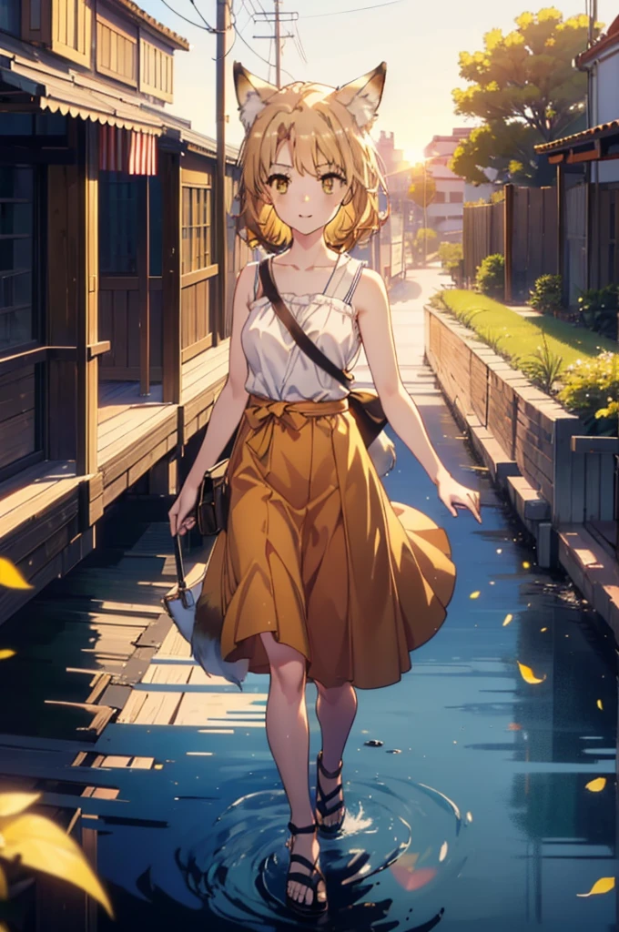 Irohaisshiki, isshiki iroha,Short Hair, Brown Hair, (Brown eyes:1.5), happy smile, smile, Open your mouth,animal(Fox Ears,Fox tail),Yellow sleeveless dress,Yellow long skirt,Cute Sandals,Carrier,background（Ships at anchor）,port,My hair is blowing in the wind,Holding her hair with her right hand,whole bodyがイラストに入るように,Are standing,morning,morning陽,The sun is rising,Cruise,
break outdoors, port,Ocean,
break looking at viewer,whole body,
break (masterpiece:1.2), Highest quality, High resolution, unity 8k wallpaper, (shape:0.8), (Beautiful and beautiful eyes:1.6), Highly detailed face, Perfect lighting, Highly detailed CG, (Perfect hands, Perfect Anatomy),