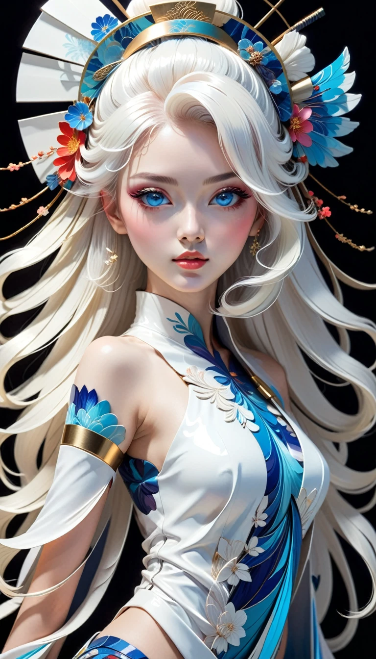 Vibrant vector art portraying a blue-eyed girl reminiscent of a geisha, accentuated by a pronounced vertical split effect. Contrast darker tones on the right side with lighter hues on the left, enhancing the prominence of the split in both color usage and background elements. The young Japanese woman features long white hair, a colorful face, a vivid hat, and an abstract headdress. Infuse the artwork with vibrant paint splashes, intricate contour lines, and elements of broken glass and double exposure to craft a mesmerizing 3D masterpiece that captivates the viewer with its dynamic visual depth and artistic flair, 1dk, portrait,Cinematic Hollywood Film, Cinematic Hollywood Film style