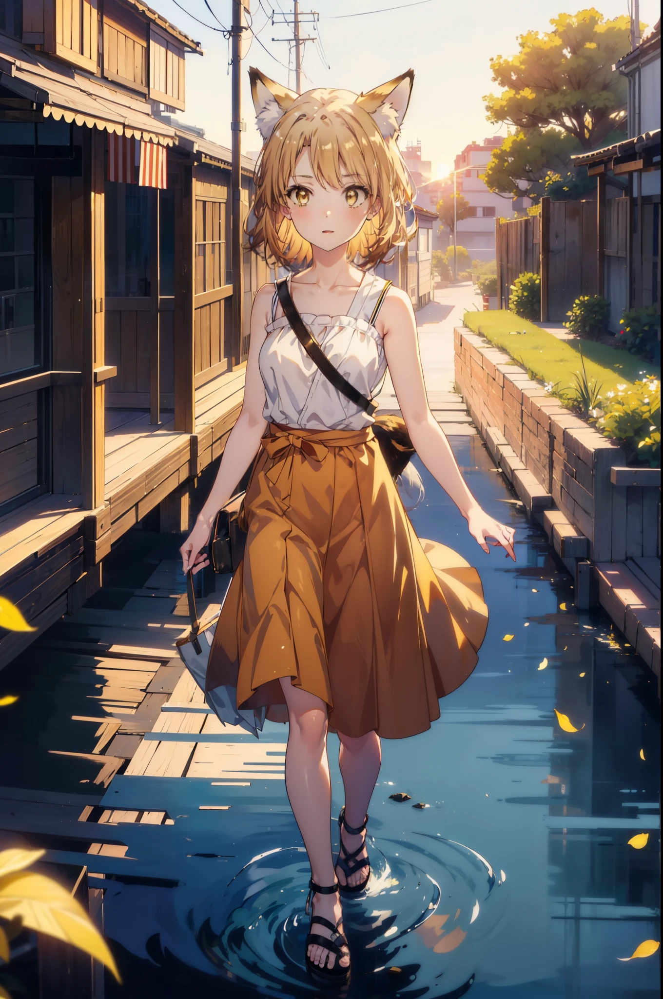 Irohaisshiki, isshiki iroha,Short Hair, Brown Hair, (Brown eyes:1.5), happy smile, smile, Open your mouth,animal(Fox Ears,Fox tail),Yellow sleeveless dress,Yellow long skirt,Cute Sandals,Carrier,background（Ships at anchor）,port,My hair is blowing in the wind,Holding her hair with her right hand,whole bodyがイラストに入るように,Are standing,morning,morning陽,The sun is rising,Cruise,
break outdoors, port,Ocean,
break looking at viewer,whole body,
break (masterpiece:1.2), Highest quality, High resolution, unity 8k wallpaper, (shape:0.8), (Beautiful and beautiful eyes:1.6), Highly detailed face, Perfect lighting, Highly detailed CG, (Perfect hands, Perfect Anatomy),