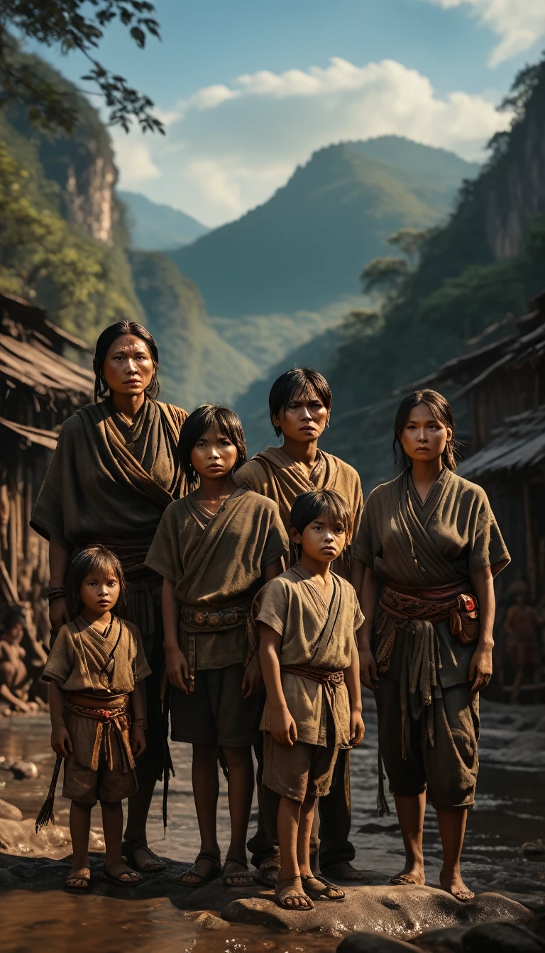 Temüjin und seine Familie von ihrem Stamm verlassen, auf sich allein gestellt in der Wildnis, Hintergrund filmisch, Hyperrealistisch, ultra detailed Hyperrealistisch, fotorealistisch, Studiobeleuchtung, Reflexionen, dynamische pose, filmisch, Farbkorrektur, Fotografie, Aufgenommen mit einem 50-mm-Objektiv, Ultra-Weitwinkel, Tiefenschärfe, hyperdetailliert, schöne Farbe, 8k, goldenes Licht von vorne,