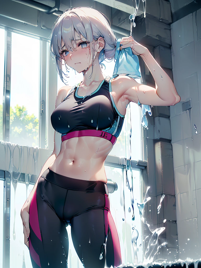 （Sweat, White skin:1.5、Light gray sports bra, Wet clothing）, cameltoe, Brand logo on the bra, Fitness, Bodybuilding Poses, ((ブラにSweat染み:1.5, Sweatで濡れている, Sweat染み, Soaked sports bra:1.5))
