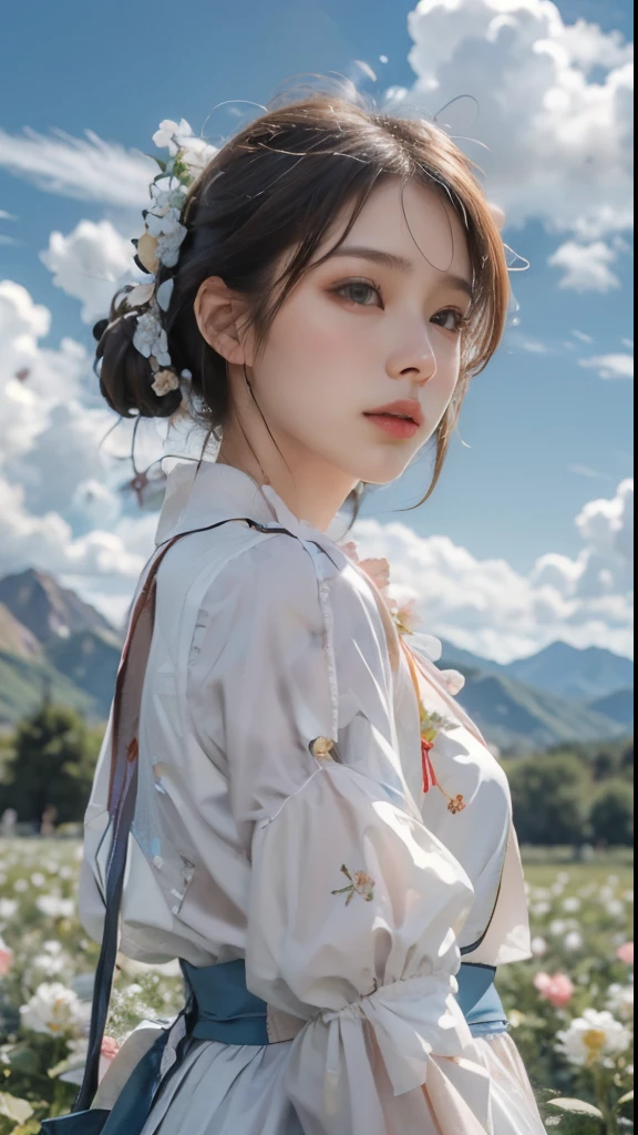 1 Girl, Dynamic Angle, Clouds and mountains, (Flower Field:1.4) In the foreground, White Dress, Ray Tracing, (Floating colorful wind:1) (Reality:1.4), Official Art, Unity 8K wallpaper, Extremely detailed, beautiful and aesthetic, masterpiece,best quality, Radiant Skin, light, A faint smile
 