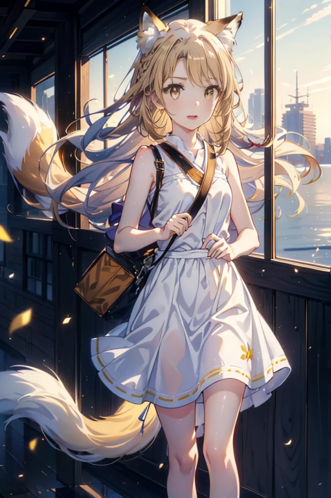 Irohaisshiki, isshiki iroha,Long Hair, Brown Hair, (Brown eyes:1.5), happy smile, smile, Open your mouth,animal(Fox Ears,Fox tail),Yellow sleeveless dress,Yellow long skirt,Cute Sandals,Carrier,background（Ships at anchor）,port,My hair is blowing in the wind,Holding her hair with her right hand,whole bodyがイラストに入るように,Are standing,morning,morning陽,The sun is rising,
break outdoors, port,Ocean,
break looking at viewer,whole body,
break (masterpiece:1.2), Highest quality, High resolution, unity 8k wallpaper, (shape:0.8), (Beautiful and beautiful eyes:1.6), Highly detailed face, Perfect lighting, Highly detailed CG, (Perfect hands, Perfect Anatomy),