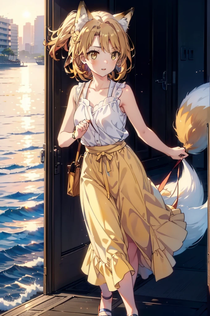 Irohaisshiki, isshiki iroha,Short Hair, Brown Hair, (Brown eyes:1.5), happy smile, smile, Open your mouth,animal(Fox Ears,Fox tail),Yellow sleeveless dress,Yellow long skirt,Cute Sandals,Carrier,background（Ships at anchor）,port,My hair is blowing in the wind,Holding her hair with her right hand,whole bodyがイラストに入るように,Are standing,morning,morning陽,The sun is rising,Cruise,
break outdoors, port,Ocean,
break looking at viewer,whole body,
break (masterpiece:1.2), Highest quality, High resolution, unity 8k wallpaper, (shape:0.8), (Beautiful and beautiful eyes:1.6), Highly detailed face, Perfect lighting, Highly detailed CG, (Perfect hands, Perfect Anatomy),