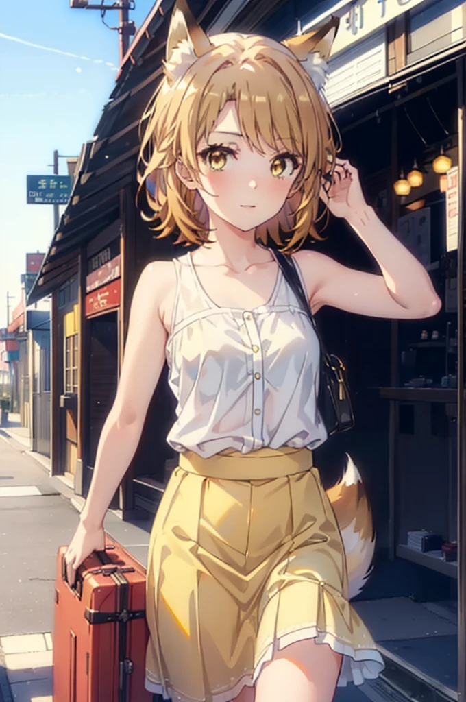 Irohaisshiki, isshiki iroha,Short Hair, Brown Hair, (Brown eyes:1.5), happy smile, smile, Open your mouth,animal(Fox Ears,Fox tail),Yellow sleeveless dress,Yellow long skirt,Cute Sandals,Push-type suitcase,background（Ships at anchor）,port,My hair is blowing in the wind,Holding her hair with her right hand,whole bodyがイラストに入るように,Are standing,morning,morning陽,The sun is rising,Cruise,
break outdoors, port,Ocean,
break looking at viewer,whole body,
break (masterpiece:1.2), Highest quality, High resolution, unity 8k wallpaper, (shape:0.8), (Beautiful and beautiful eyes:1.6), Highly detailed face, Perfect lighting, Highly detailed CG, (Perfect hands, Perfect Anatomy),