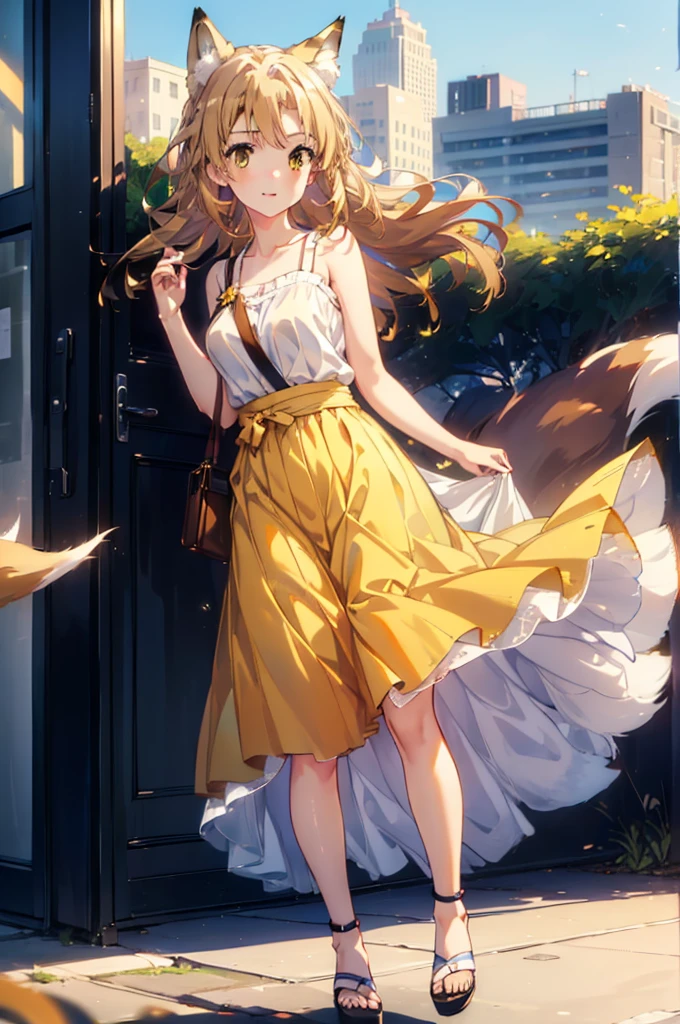 Irohaisshiki, isshiki iroha,Long Hair, Brown Hair, (Brown eyes:1.5), happy smile, smile, Open your mouth,animal(Fox Ears,Fox tail),Yellow sleeveless dress,Yellow long skirt,Cute Sandals,Push-type suitcase,background（Ships at anchor）,port,My hair is blowing in the wind,Holding her hair with her right hand,whole bodyがイラストに入るように,Are standing,morning,morning陽,The sun is rising,
break outdoors, port,Ocean,
break looking at viewer,whole body,
break (masterpiece:1.2), Highest quality, High resolution, unity 8k wallpaper, (shape:0.8), (Beautiful and beautiful eyes:1.6), Highly detailed face, Perfect lighting, Highly detailed CG, (Perfect hands, Perfect Anatomy),