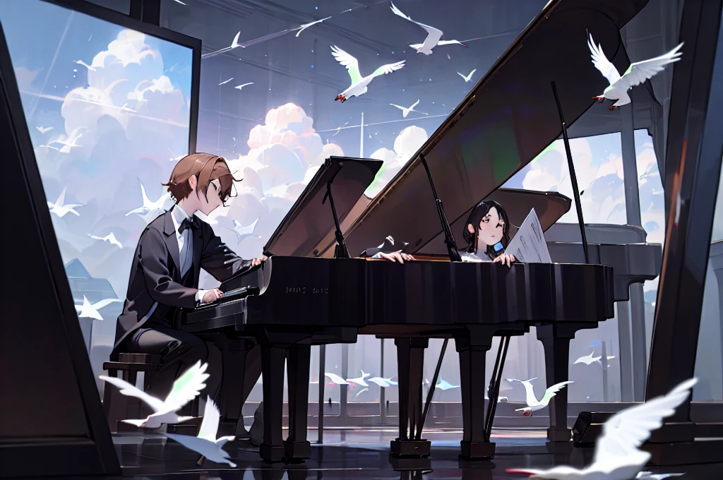 青空とcloudに囲まれた幻想的なシーンが描かれています。 There is a black piano in the center of the screen.、There are two men and two women、Man playing piano、A woman playing the violin、Both are students、Young people、youth、White birds are flying in the background、The ground is covered with water.、It&#39;s so beautiful, like a mirror.。Highly detailed CG Unity 8k wallpaper、Cinematic lighting、Lens flare、Beautiful detailed eyes、landscape、Ultra HD、cloud、8K quality、Ultra Sharp、Real Light、Surreal、