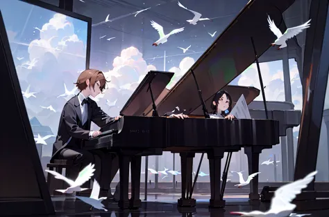 青空とcloudに囲まれた幻想的なシーンが描かれています。 There is a black piano in the center of the screen.、There are two men and two women、Man playing pi...