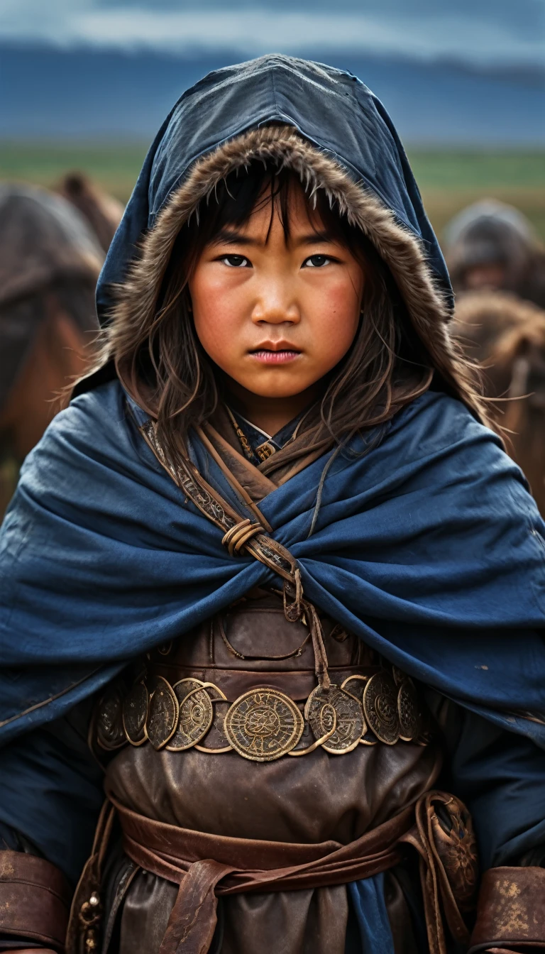 Little Genghis Khan , facing harsh weather and difficult living conditions in the steppes, background cinematic, hyper realistic, ultra detailed hyper realistic, photorealistic, Studio Lighting, reflections, dynamic pose, Cinematic, Color Grading, Photography, Shot on 50mm lens, Ultra-Wide Angle, Depth of Field, hyper-detailed, beautifully color, 8k, golden light from the front,