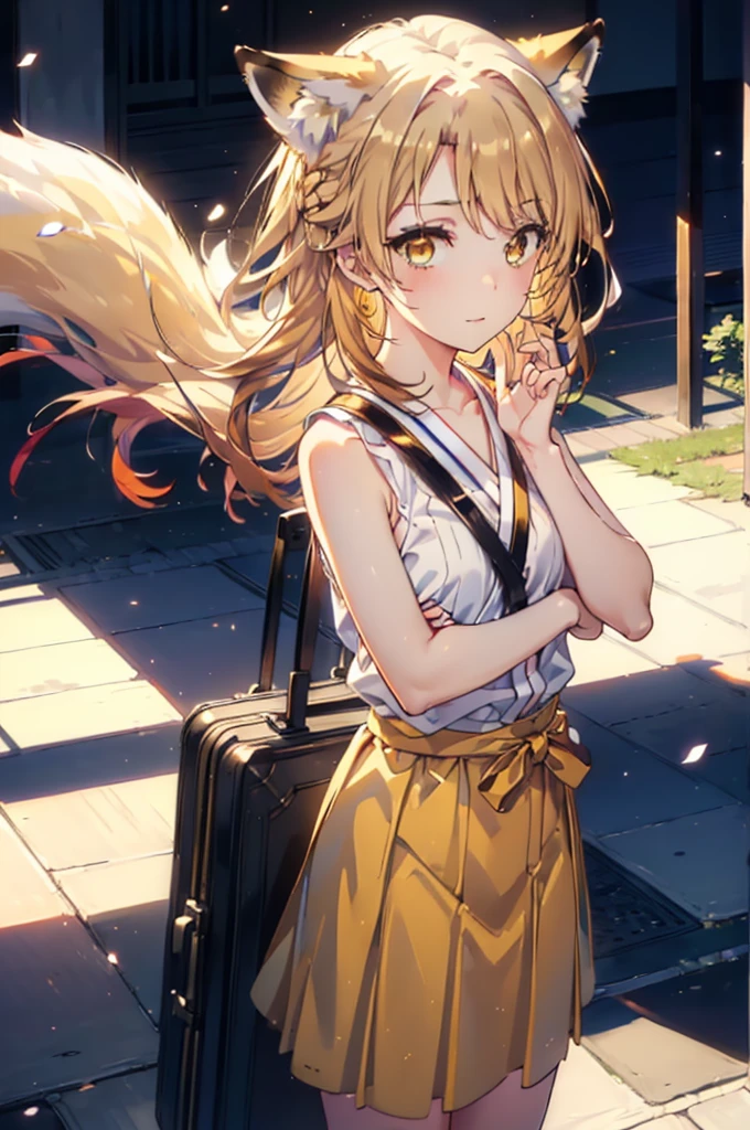 Irohaisshiki, isshiki iroha,Long Hair, Brown Hair, (Brown eyes:1.5), happy smile, smile, Open your mouth,animal(Fox Ears,Fox tail),Yellow sleeveless dress,Yellow long skirt,Cute Sandals,Push-type suitcase,background（Ships at anchor）,port,My hair is blowing in the wind,Holding her hair with her right hand,whole bodyがイラストに入るように,Are standing,morning,morning陽,The sun is rising,
break outdoors, port,Ocean,
break looking at viewer,whole body,
break (masterpiece:1.2), Highest quality, High resolution, unity 8k wallpaper, (shape:0.8), (Beautiful and beautiful eyes:1.6), Highly detailed face, Perfect lighting, Highly detailed CG, (Perfect hands, Perfect Anatomy),