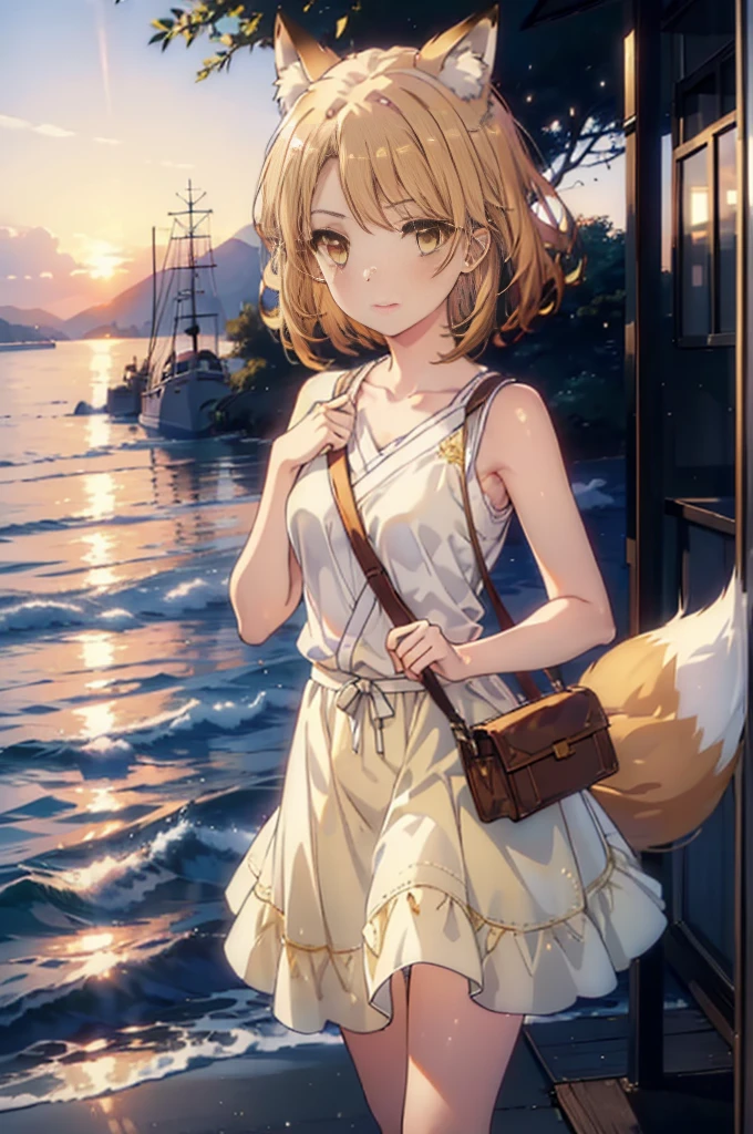 Irohaisshiki, isshiki iroha,Short Hair, Brown Hair, (Brown eyes:1.5), happy smile, smile, Open your mouth,animal(Fox Ears,Fox tail),Yellow sleeveless dress,Yellow long skirt,Cute Sandals,Push-type suitcase,background（Ships at anchor）,port,My hair is blowing in the wind,Holding her hair with her right hand,whole bodyがイラストに入るように,Are standing,morning,morning陽,The sun is rising,Cruise,
break outdoors, port,Ocean,
break looking at viewer,whole body,
break (masterpiece:1.2), Highest quality, High resolution, unity 8k wallpaper, (shape:0.8), (Beautiful and beautiful eyes:1.6), Highly detailed face, Perfect lighting, Highly detailed CG, (Perfect hands, Perfect Anatomy),