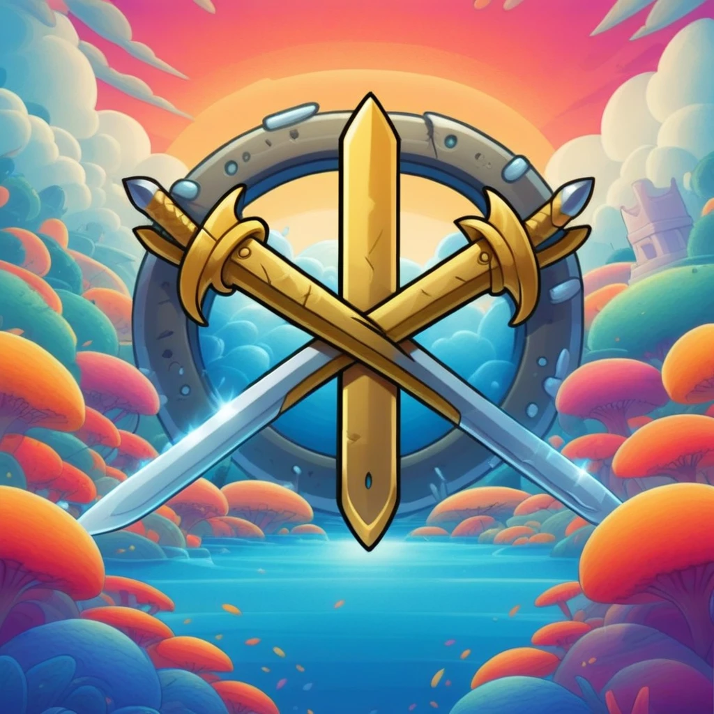 symbol, crossed sword , mobile game art, banner, detailed game art, stylized game art, game illustration, splash screen art, full card design, wallpaper!, extended art, adtime style art, saturated colorful