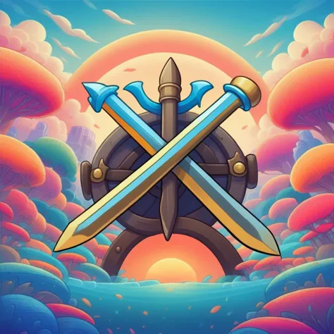 symbol, crossed sword , mobile game art, banner, detailed game art, stylized game art, game illustration, splash screen art, ful...