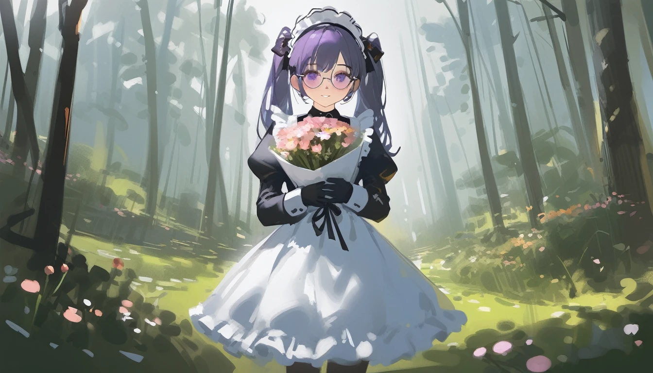 Ciloranko,  wlop, 1girl,  solo,  flower,  bouquet,  purple eyes,  maid headdress,  looking at viewer,  maid,  apron,  full body, long hair, twintails,  holding,  white background,  long sleeves,  holding bouquet,  dress,  bow,  juliet sleeves,  puffy sleeves,  blush,  Spring Flowering Forest, parted lips,  frills,  ribbon,  two side up,  hair bow,  maid apron one girl, super high quality, Super Detail, Super Detailed image, long hair, looking at viewer, skirt, shirt, hair ornament, violet eyes,black gloves, round glasses, long sleeves,violet hair, round glasses, Flat Chest, smile
