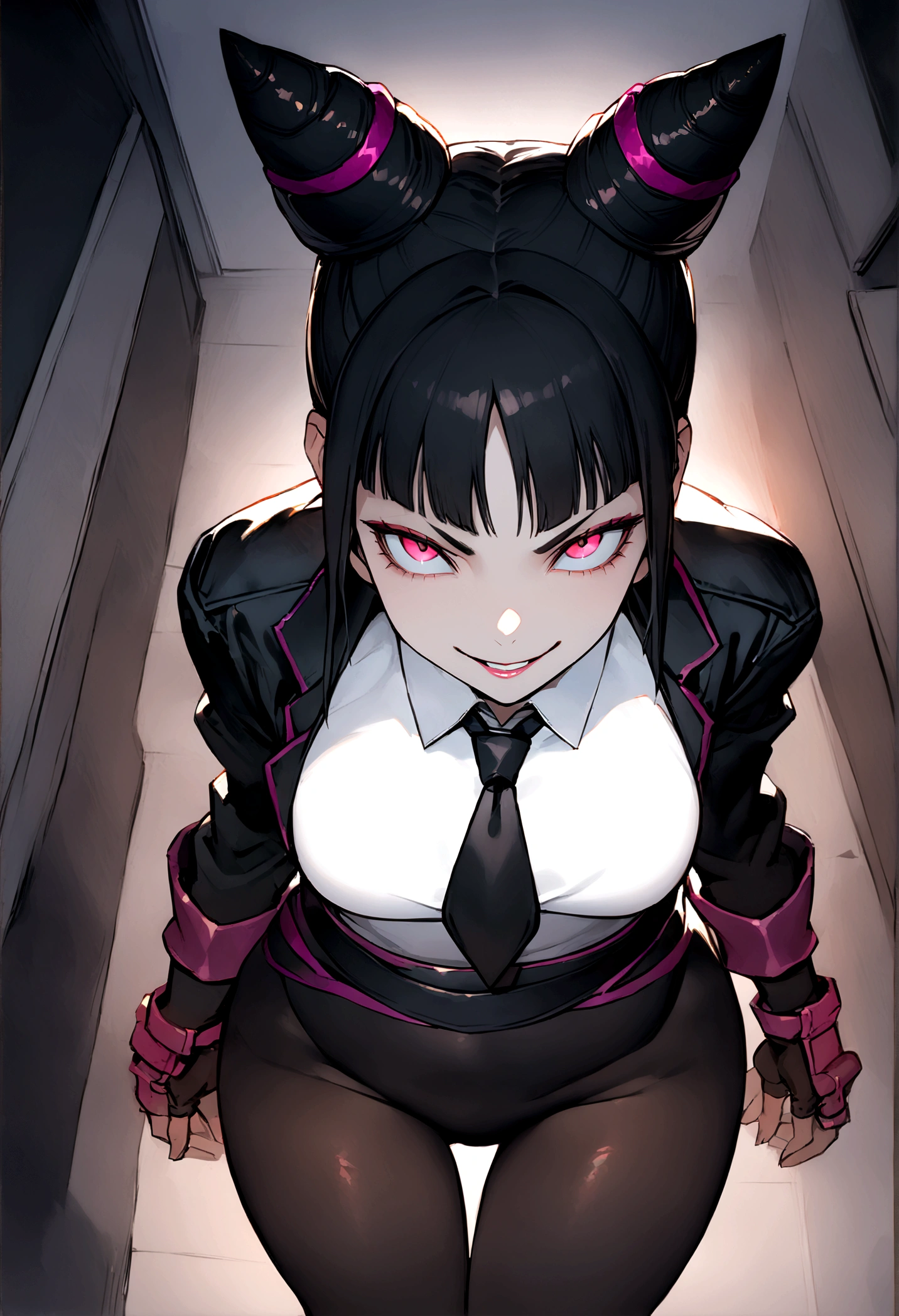 Han Juri, Artwork, Tight white secretary shirt and black tie, black high waist skirt, Short skirt, Black Hair, black tights,Wicked Smile,office,Bangs for the eyes,Lighting,Hair horns,View from above,look up
