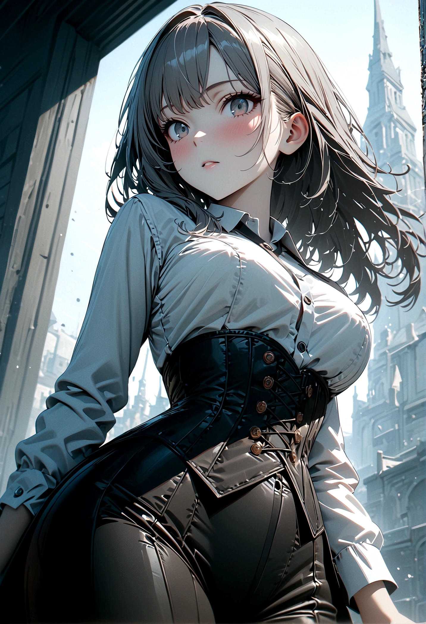 beautiful girl detective, Loose gray hair (soft skin), pale skin, grey eyes, black business suit, White shirt, a corset, (masterpiece:1.3), (Best quality:1.3), (ultra detailed:1.3), 8 k, extremely clear