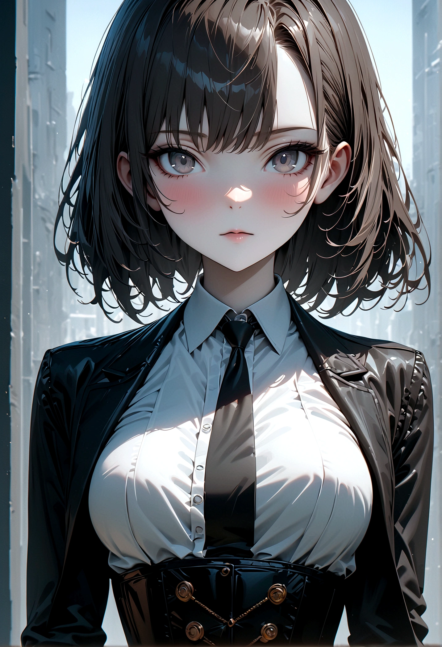 beautiful girl detective, Loose gray hair (soft skin), pale skin, grey eyes, black business suit, White shirt, a corset, (masterpiece:1.3), (Best quality:1.3), (ultra detailed:1.3), 8 k, extremely clear
