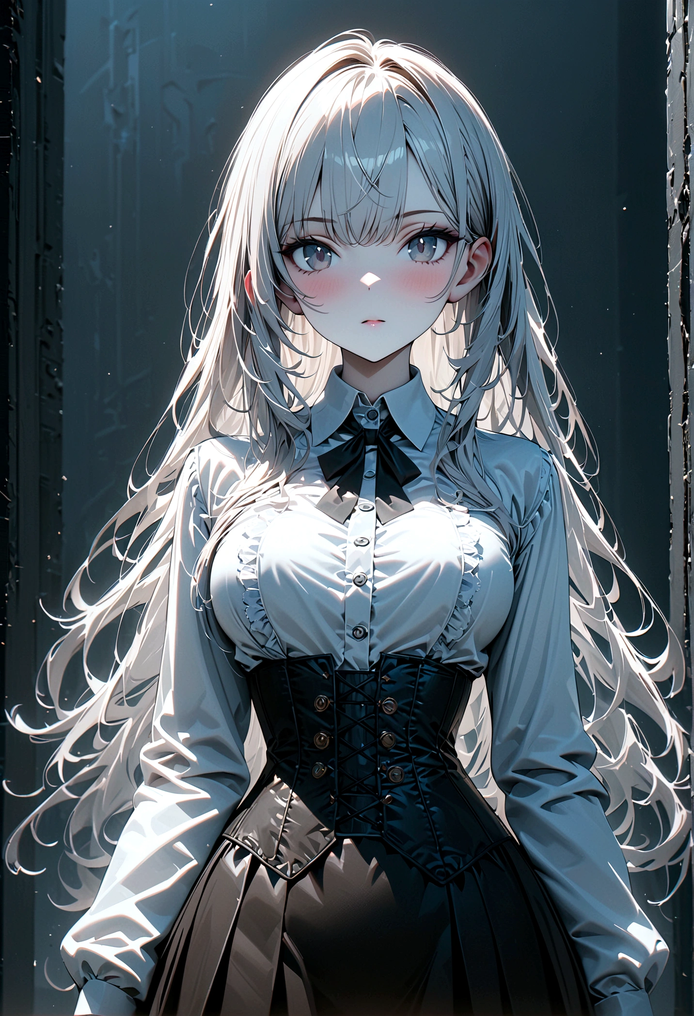beautiful girl detective, loose hair, long hair, White hair (soft skin), pale skin, grey eyes, black business suit, White shirt, a corset, (masterpiece:1.3), (Best quality:1.3), (ultra detailed:1.3), 8 k, extremely clear