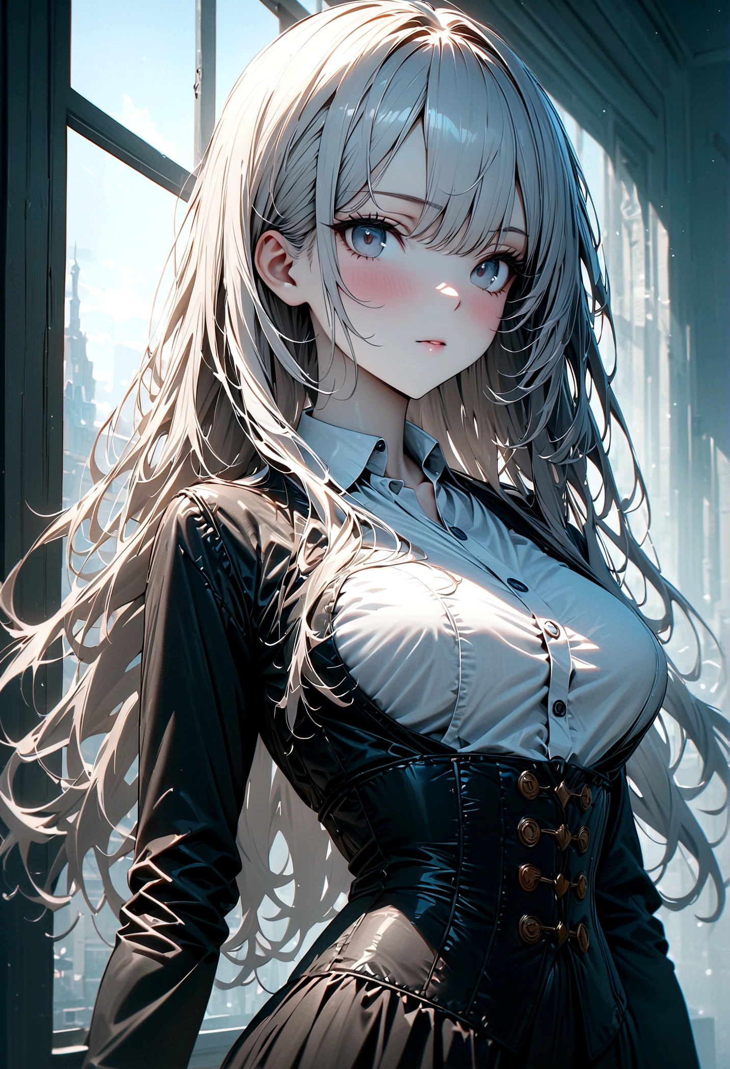 beautiful girl detective, loose hair, long hair, White hair (soft skin), pale skin, grey eyes, black business suit, White shirt, a corset, (masterpiece:1.3), (Best quality:1.3), (ultra detailed:1.3), 8 k, extremely clear