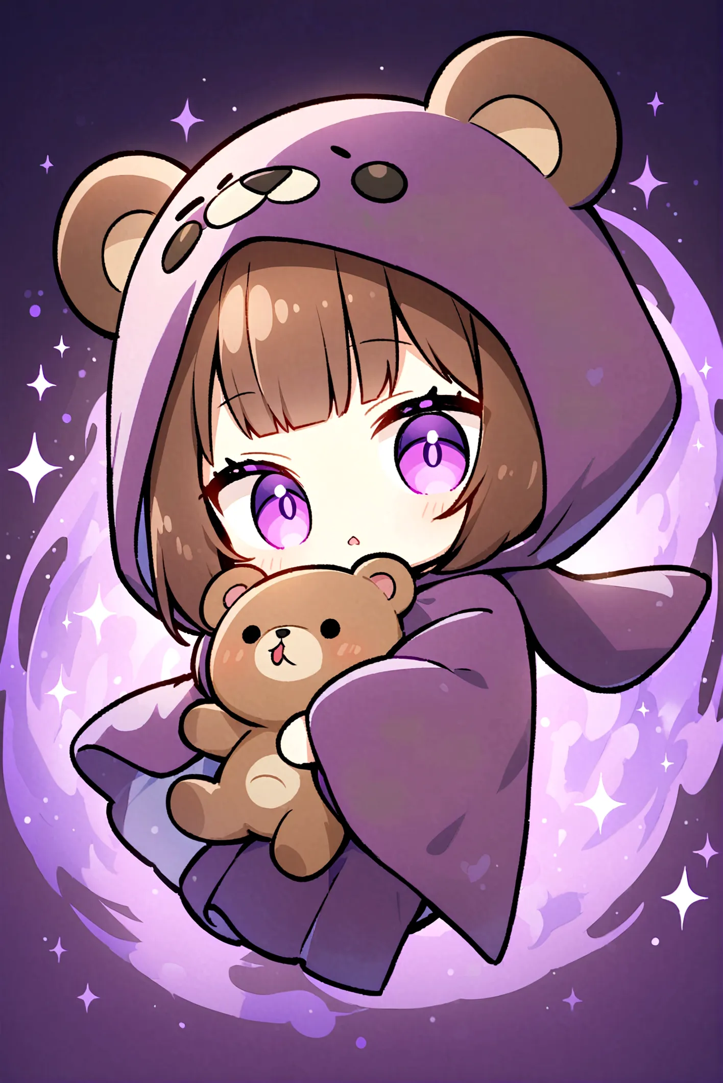 Brown Hair、Wearing a dark brown bear hood、Bangs、Bangs Style、茶髪ロングのChibi Character、Wearing a dark brown bear ear hooded blanket、P...